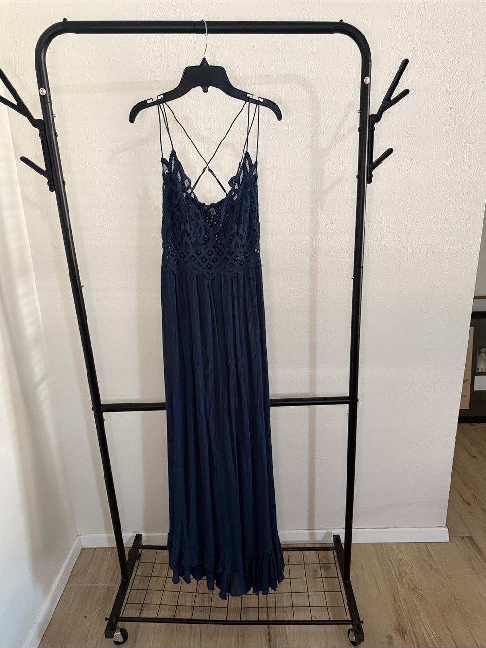 Free People Navy Lace Bodice Maxi Dress with Crisscross Straps